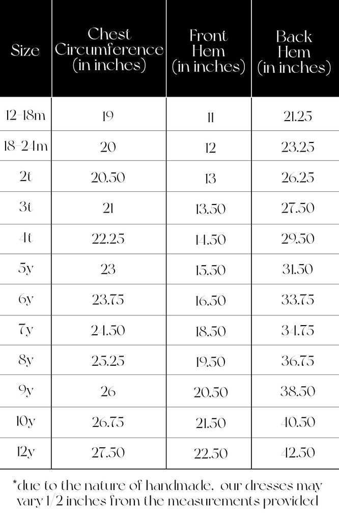 Pleiades Designs size chart for a Ruffle Dress