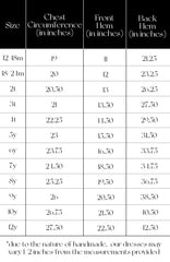 Pleiades Designs size chart for a Ruffle Dress