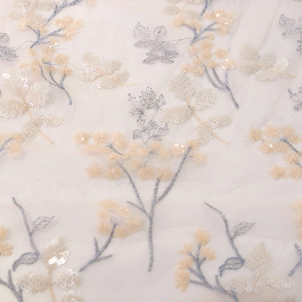 Peach Embroidered Sequin Floral Mesh Fabric