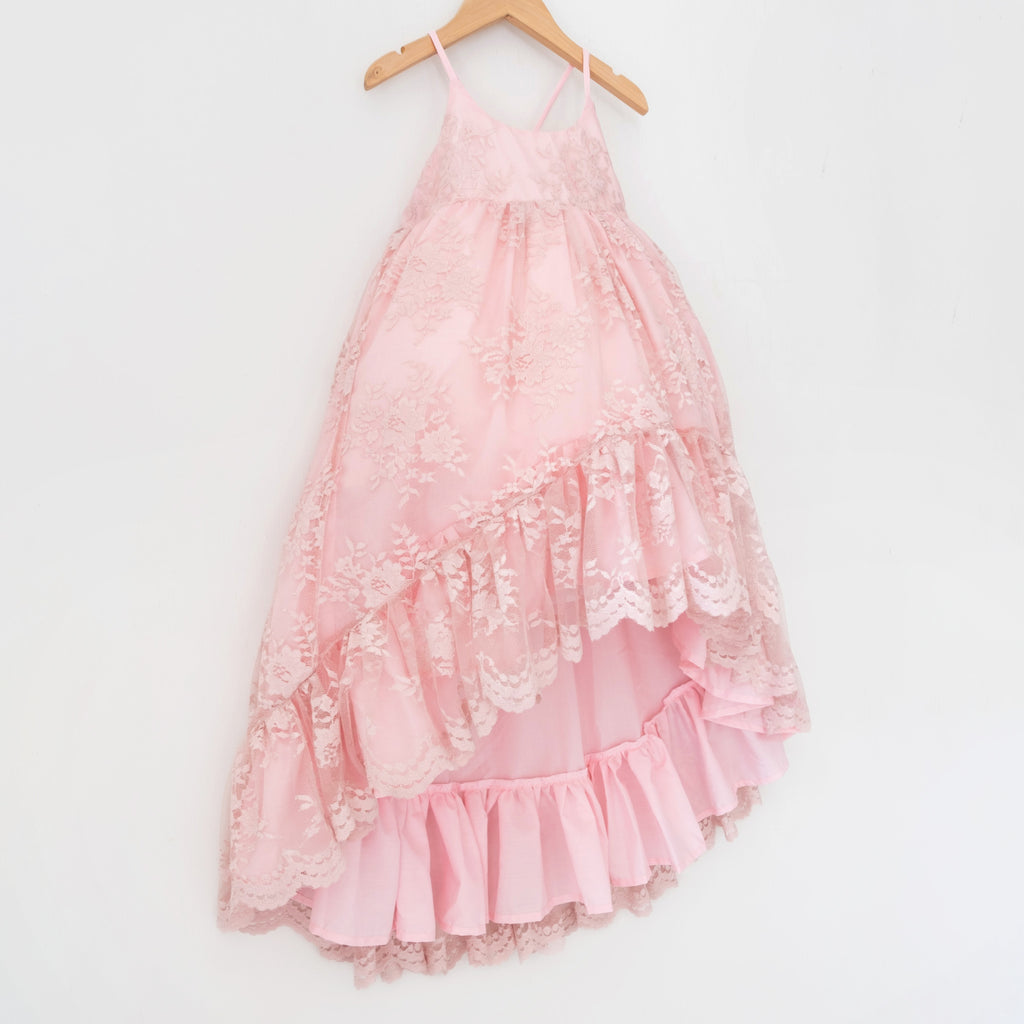 Pink Lace Ruffle Dress - Scalloped Lace