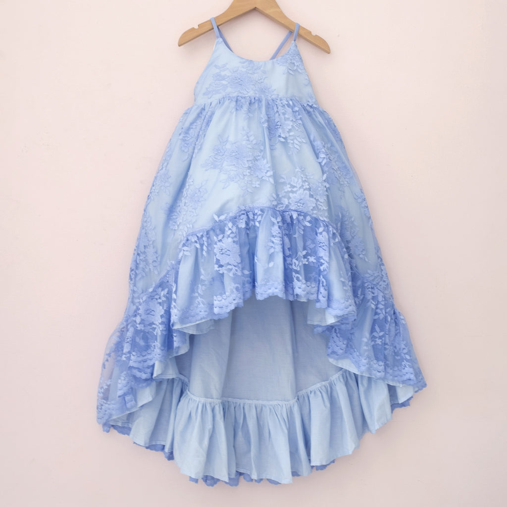 Blue Lace Ruffle Dress - Scalloped Lace
