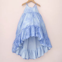 Blue Lace Ruffle Dress - Scalloped Lace