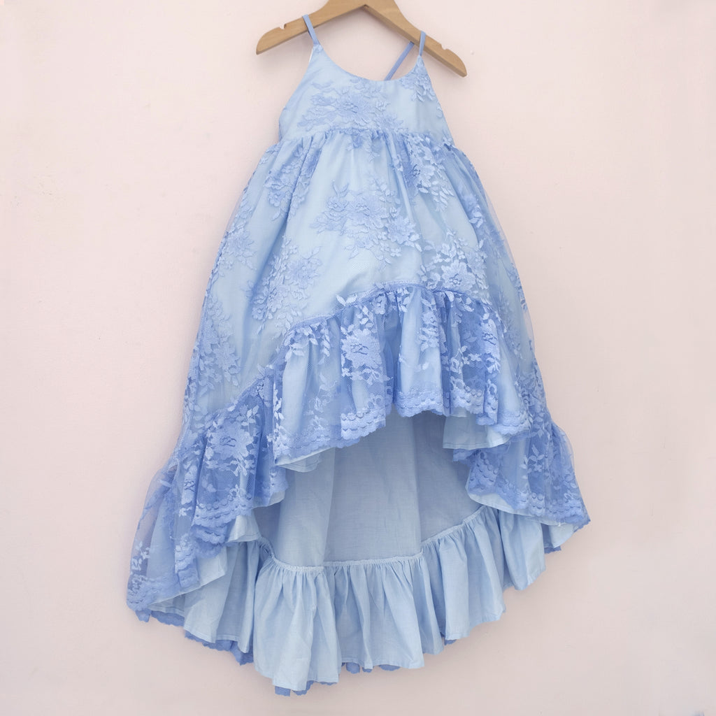 Blue Lace Ruffle Dress - Scalloped Lace