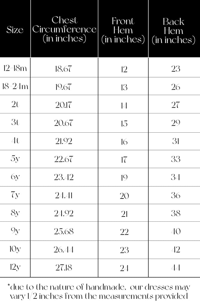 Pleiades Designs size chart for a Charlie dress