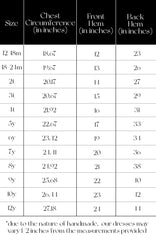Pleiades Designs size chart for a Charlie dress