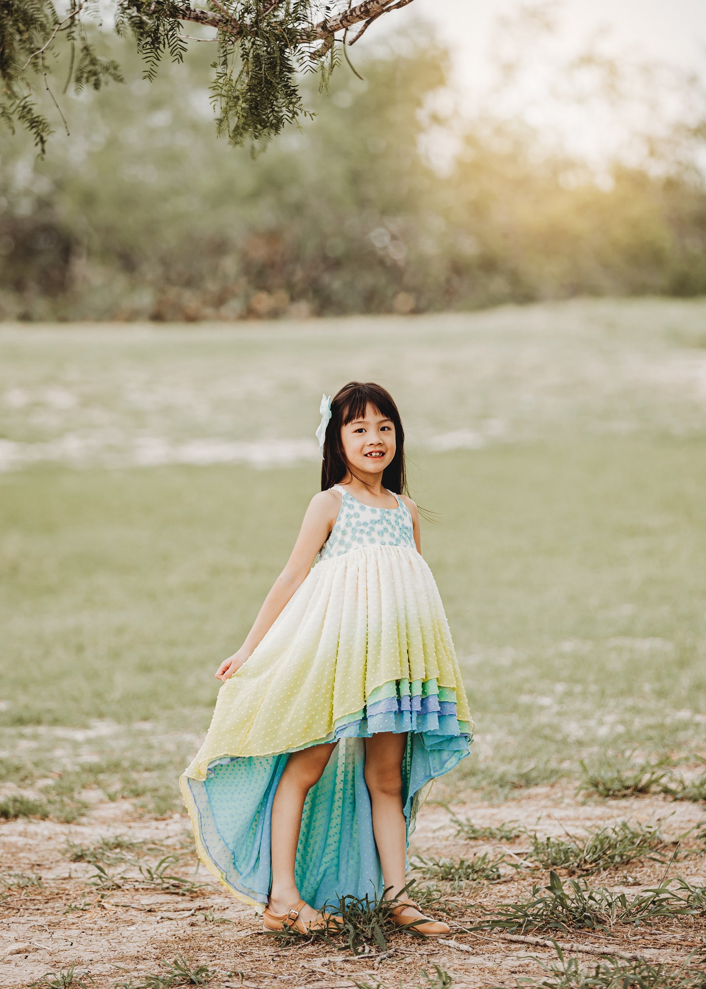 
                  
                    Girl outside wearing a high low yellow to blue ombre high low dress
                  
                