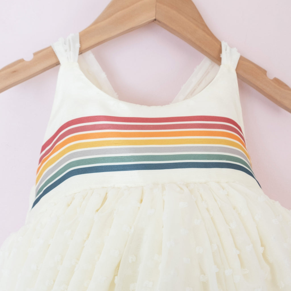 Close up of a Pleiades Designs rainbow stripe faux silk bodice