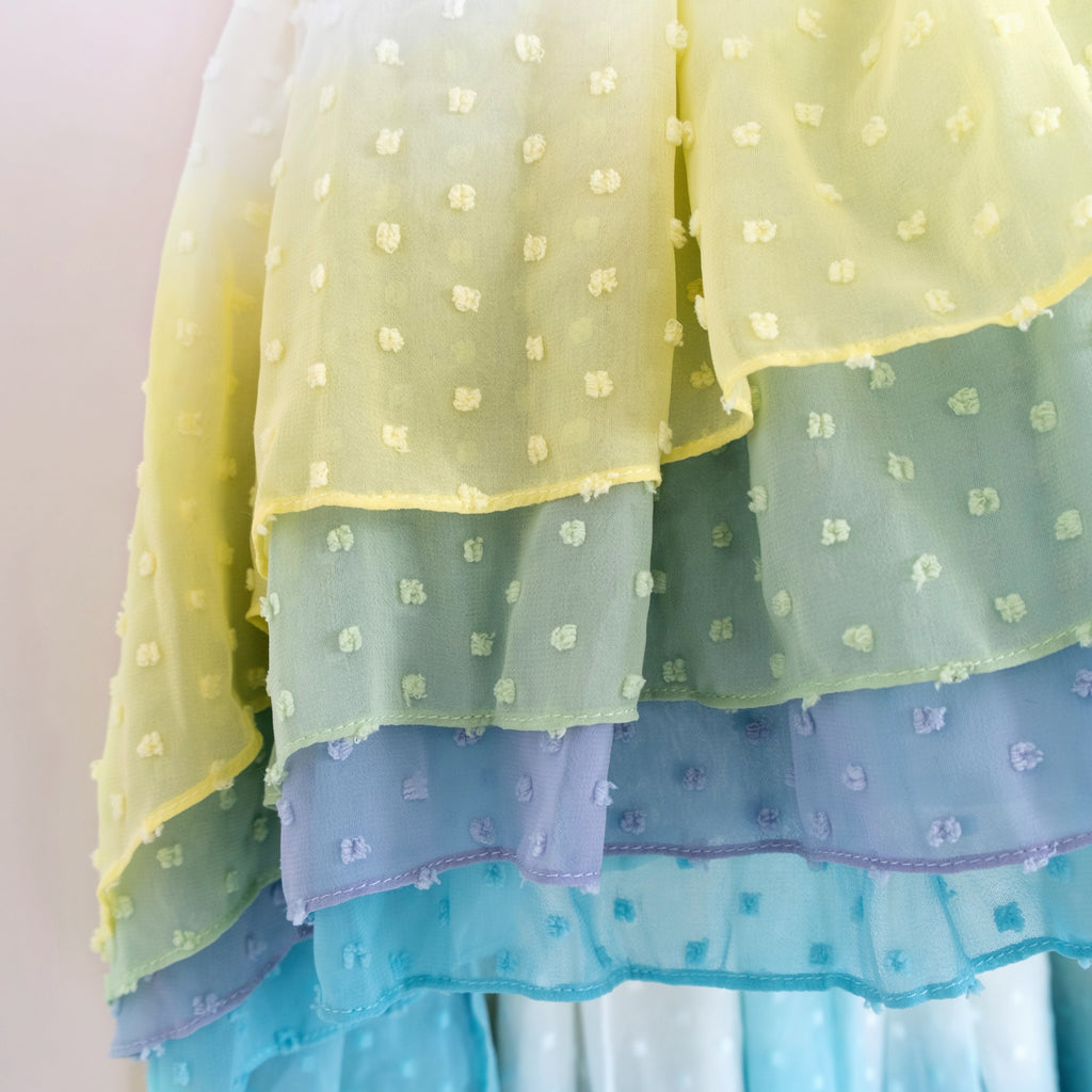 Close up of Pleiades Designs yellow to blue ombre clip dot chiffon layers