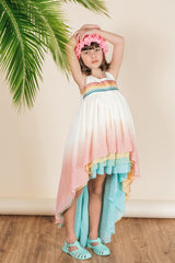 Girl wearing a Pleiades Designs rainbow clip dot high low dress with a pink floral swim cap and blue shoes