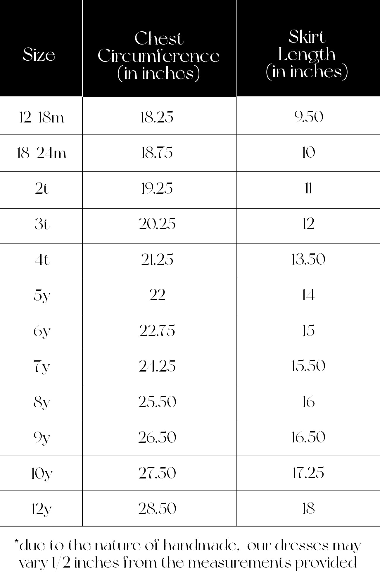 
                  
                    Pleiades Designs size chart for an organza shortie
                  
                