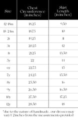 Pleiades Designs size chart for an organza shortie