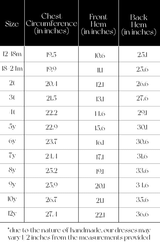 Pleiades Designs size chart for a Ruffle Hem Windsong dress
