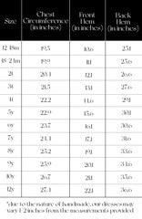 Pleiades Designs size chart for a Ruffle Hem Windsong dress