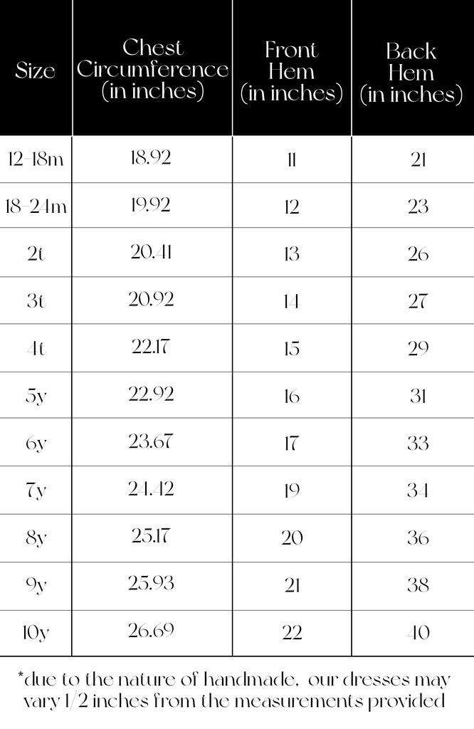 Pleiades Designs size chart for a Stella dress