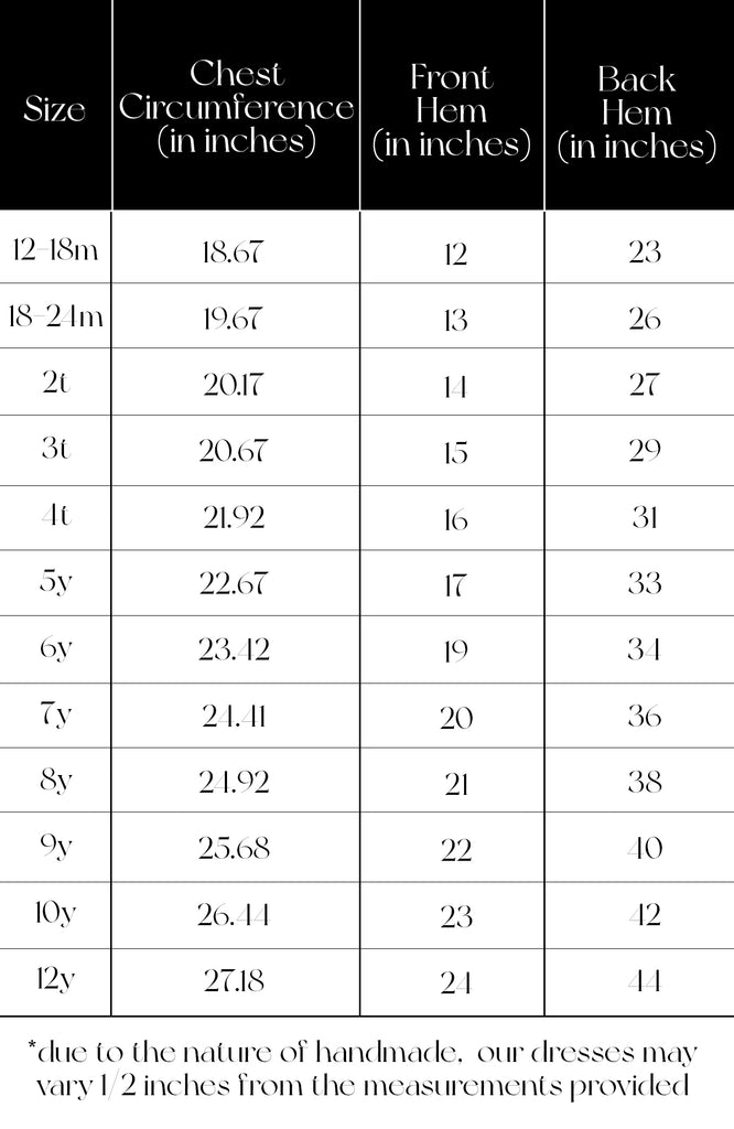 Pleiades Designs size chart for a Charlie dress