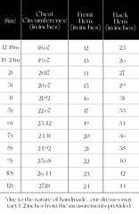 Pleiades Designs size chart for a Charlie dress