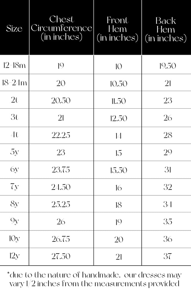 Pleiades Designs size chart for a Windsong dress