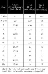 Pleiades Designs size chart for a Windsong dress